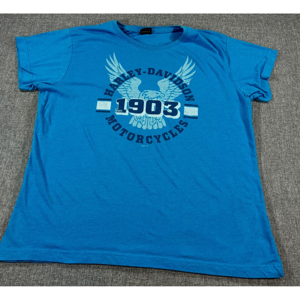 Harley-Davidson Women's Graphic Biker T-Shirt Blue Cotton Blend Eagle L Retro